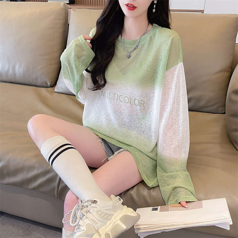 Summer New Ice Thin Round Neck T-Shirt For Women Gradient Color Loose Versatile Sun Protection Nano Silk Breathable Jacket B5