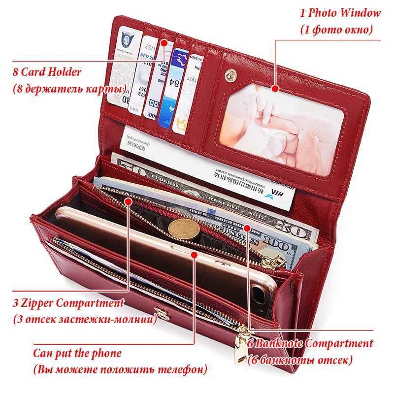 HUMERPA Wens Wallet Top Layer Leather Mti-card Cluh Cell Phe Mey Bag Fi Ladies Card Holder Cartera Mujer Red Y250707