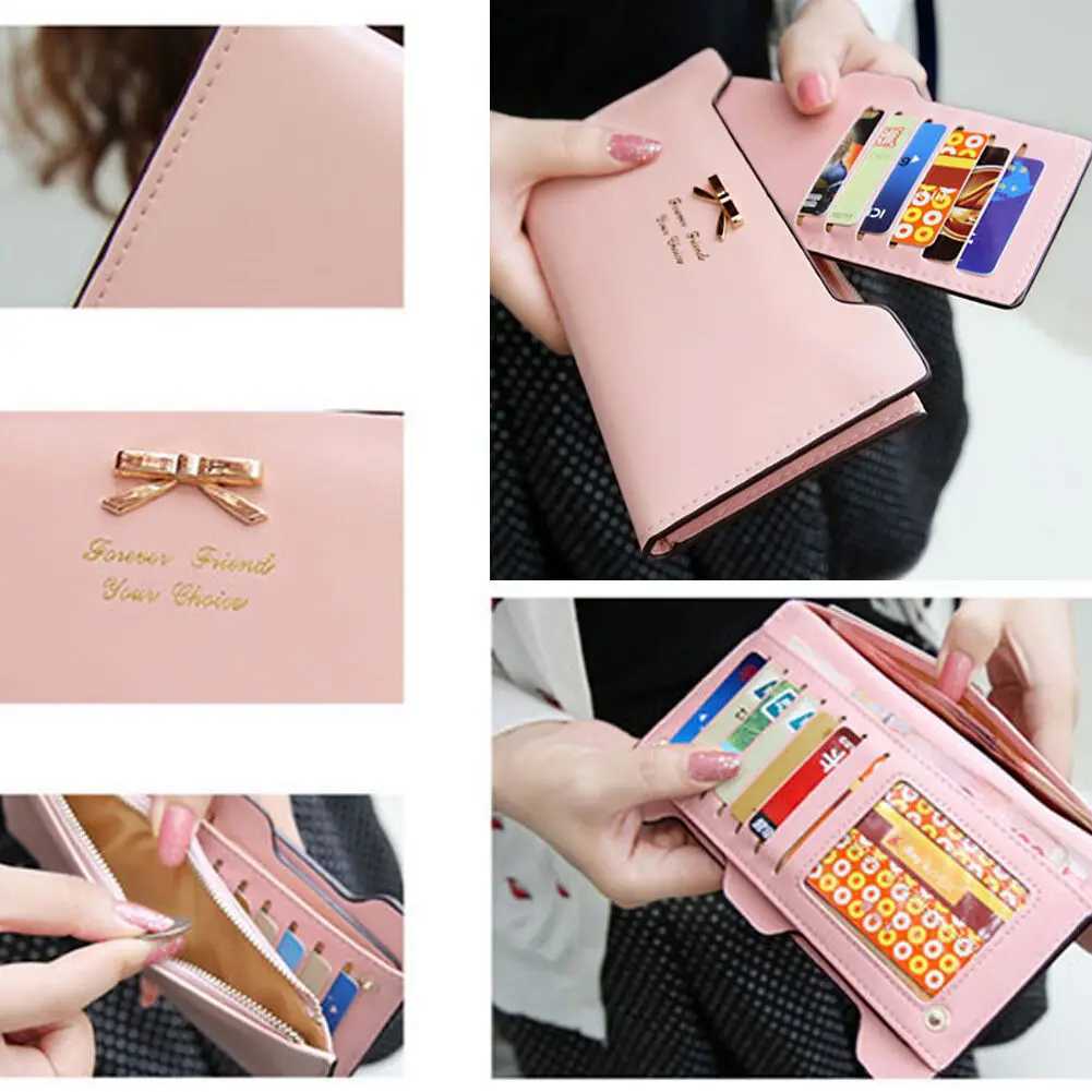 Fi Cute Bowknot Lg Wallet Zipper Mti-card Cluh Coin Mey Purse Wens PU Leather Phe Handbag Y250707