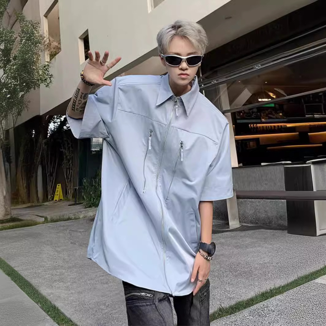 Sky Blue Fishbone Invisible Shoulder Pad Short Sleeve Shirt Design Sense High-end Cleanfit Street Style Half Designer Short Sleeves Sleeve Shirt For M