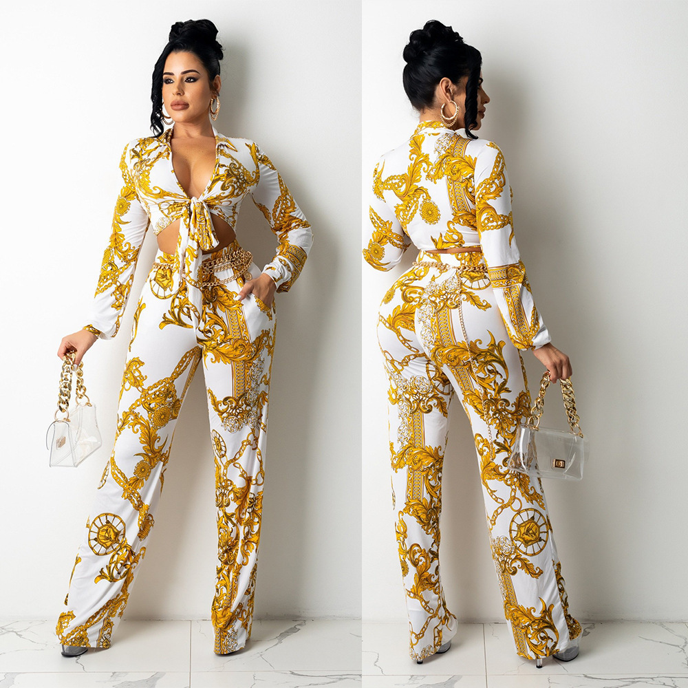 Echoine Women Autumn Print Condole Belt Crop Top Pencil pants 2 Pieces Set Nghtclub Party Sexy Slim Temperament Elegant Outfits 240809