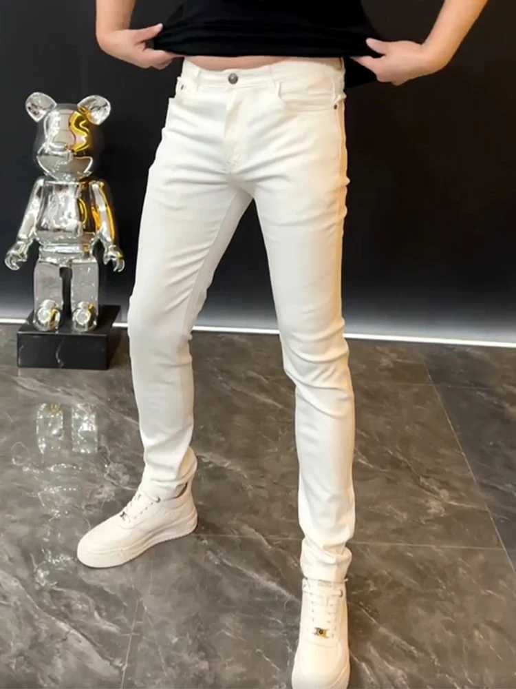 European Fashion White Jeans Men 2024 Summer Solid Color Streetwear Biker Elastic Skinny Zips Simple Casual Long Denim Trousers XJ250707