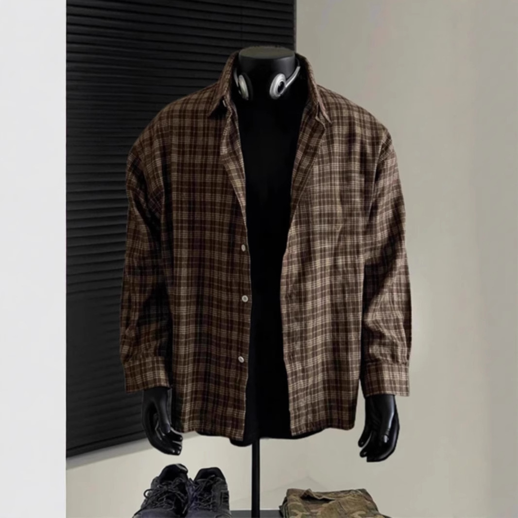 American Retro Vintage Plaid Shirt For Men Spring Cool Japanese Style Long Sleeve Shirt Designer Short Sleeves Inner Layer Jacket