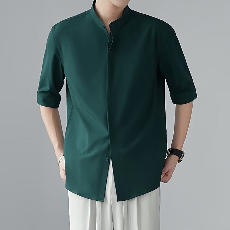 New Chinese Style Stand Collar Short Sleeve Shirt For Men, Early Designer Short Sleeves Autumn New Niche Shirt With High-end Feel, Ice Silk Draped Mid