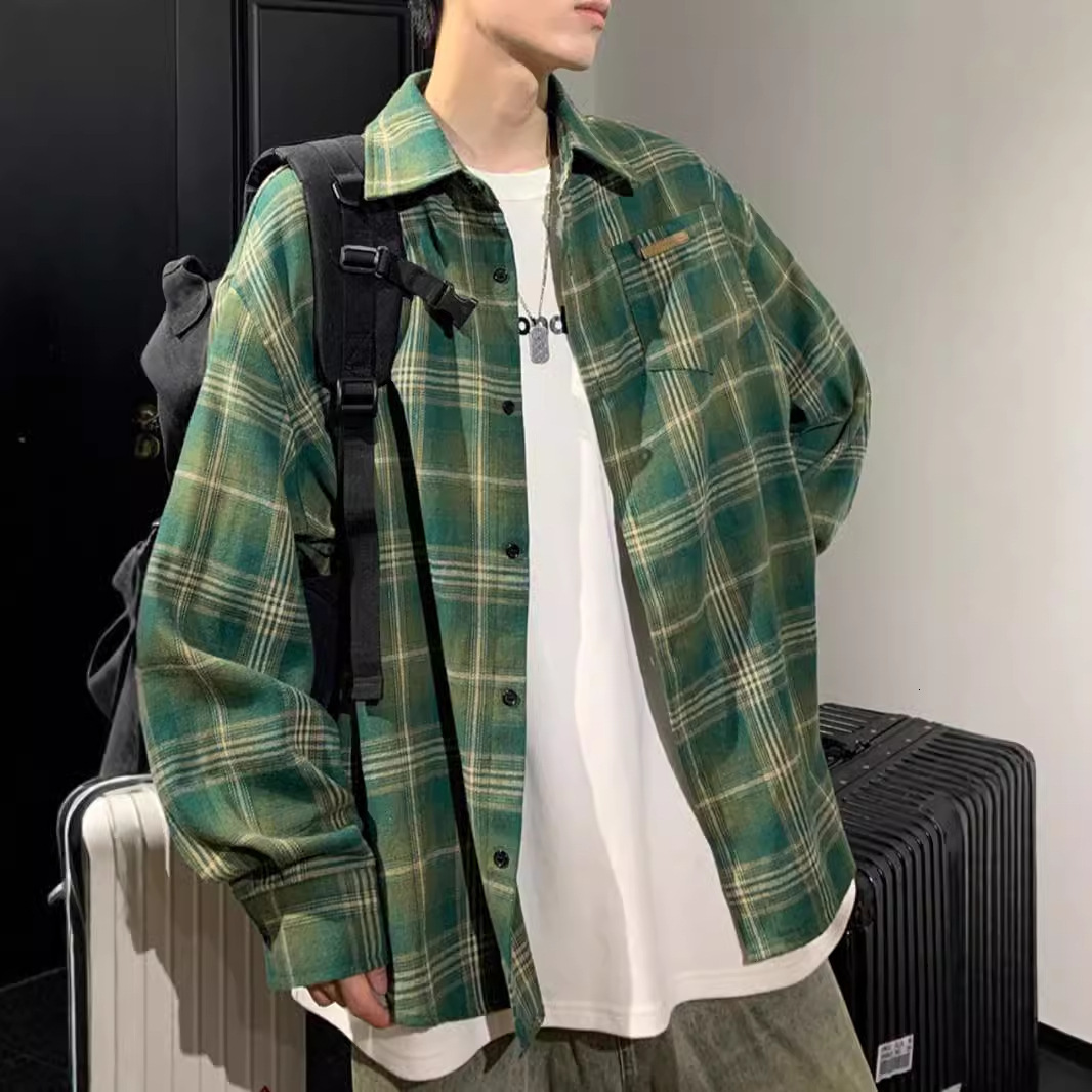 Designer Short Sleeves American Retro Color-block Plaid Long Sleeve Shirt For Men 2025 Spring And Autumn New Trendy Brand Versatile Loose Shirt Jacket