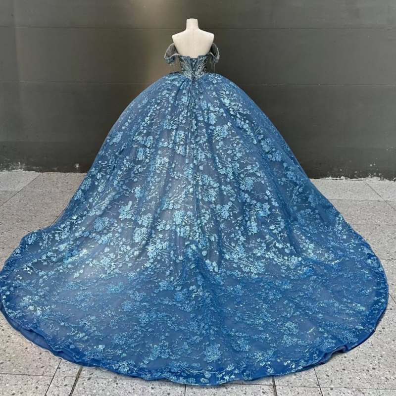 Blue Shiny Quinceanera Dresses Ball Gown Off The Shoulder Sequin Applique Lace Beading Tull Corset Party Birthday Sweet 16 Dress Vestidos 15 Anos