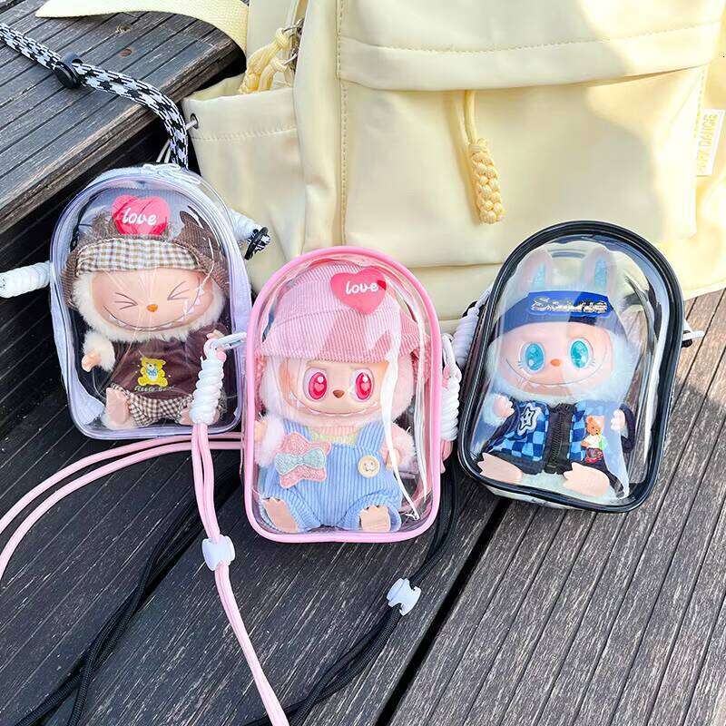 DHgargets Wholesale Cartoon LABUBU Monsters Sit Pose Pink Clear Dustproof Plastic Back Waterproof Shoulder Bag for Gift