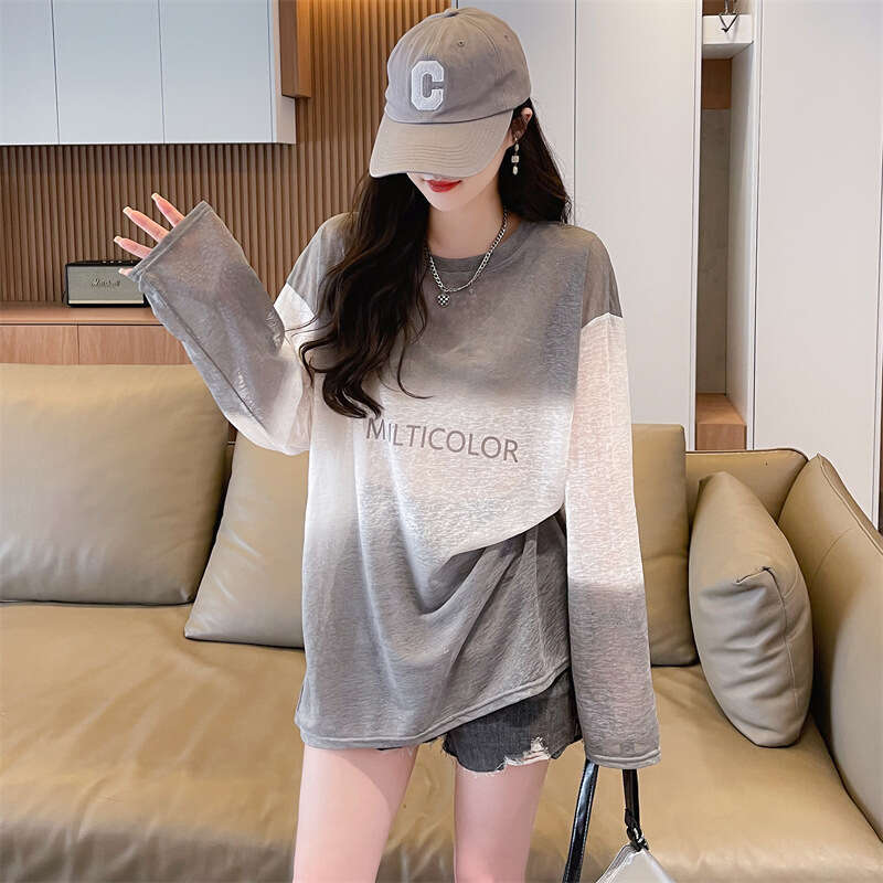 Summer New Ice Thin Round Neck T-Shirt For Women Gradient Color Loose Versatile Sun Protection Nano Silk Breathable Jacket B5