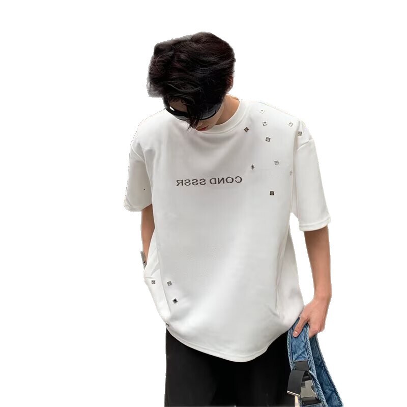 Trendy Brand Letter Rhinestone Designer Short Sleeves Short Sleeve Men's Summer Cool High-end Shoulder Pad T-shirt Loose Design Half Sleeve Top