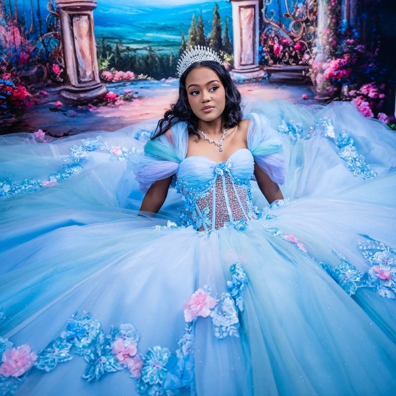 Blue Shiny Quinceanera Dresses Ball Gown Off Shoulder Appliques Flower Beads Tull Sweet 16 Dress Vestidos 15 De Anos