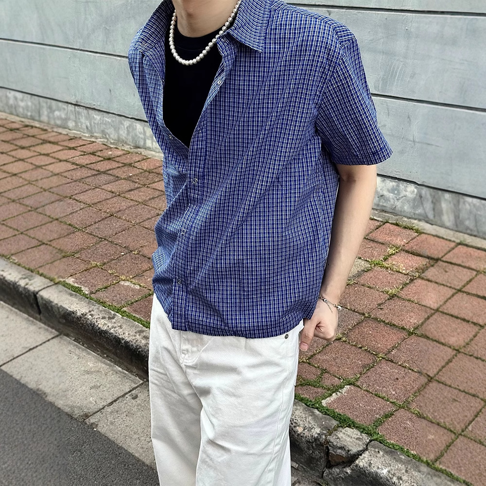 Designer short sleeves Royal Blue Plaid Short Sleeve Shirt for Men Summer High-End Drawstring Plaid Shirt Old Money Style Half Sleeve Jacket