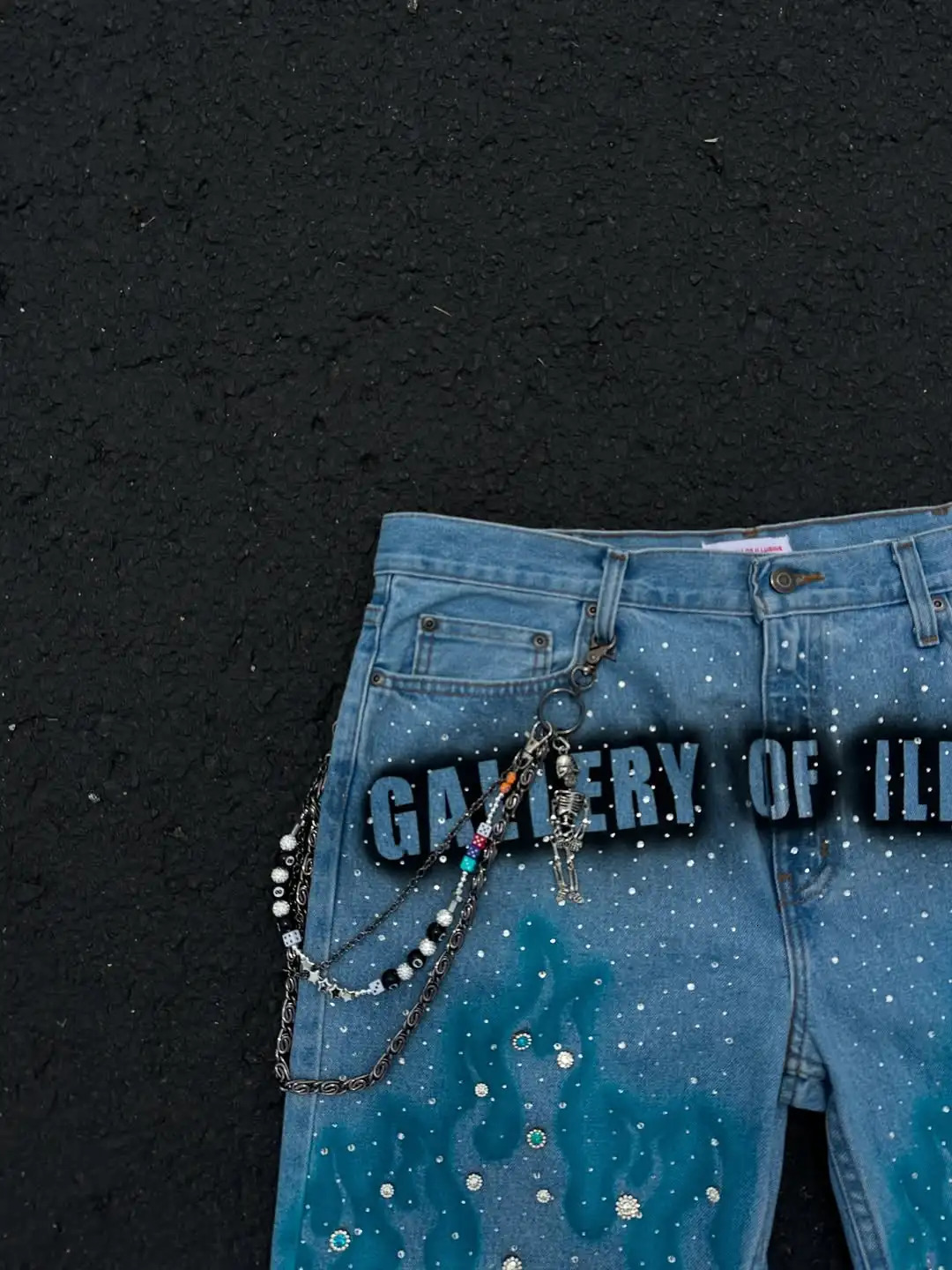 American Fashion Harajuku Blue Flame Rhinestone Short Jeans Mens Loose Casual Summer Wide Legs Street Couple Full of Star 250707