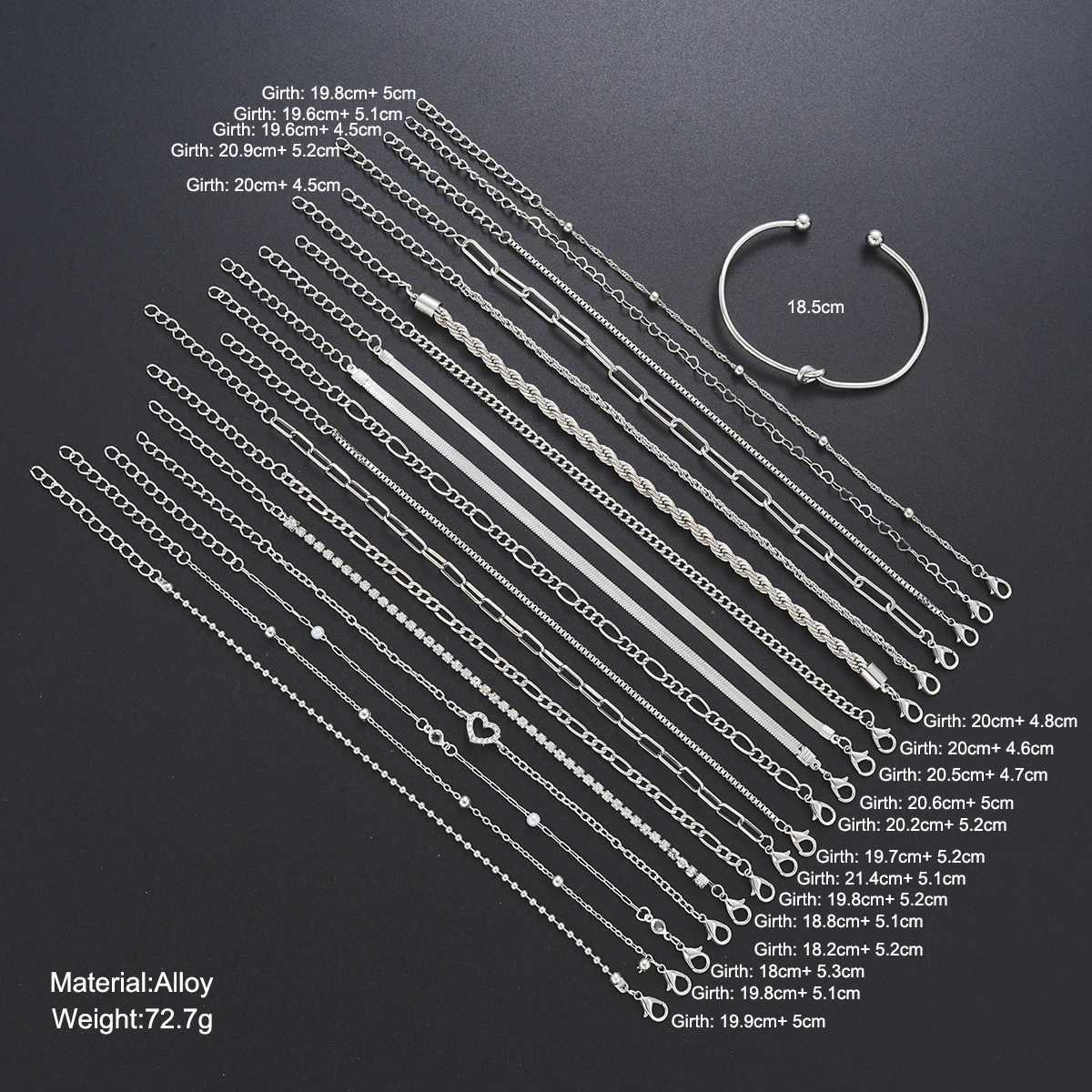 19Pcs Silver Color Multilayer Metal Simple Bracelets For Women Vintage Crystal Beads Twisted Box Snack Chain Bracelet Fashion XJ250707