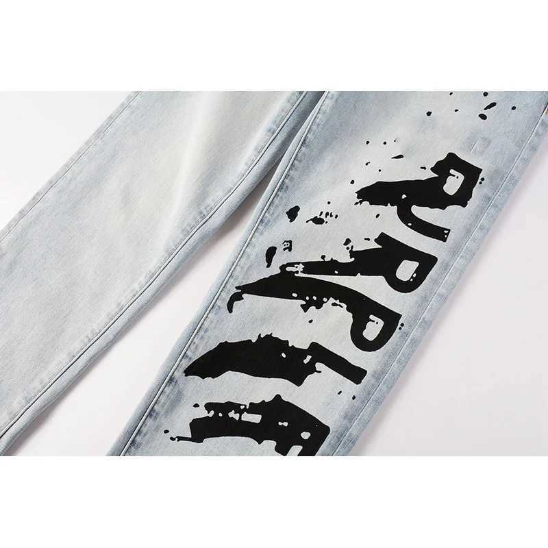 Mens American High Street Fashion Distressed Light Blue Letters Printing Stretch Skinny Button Fly Ripped Jeans XJ250707