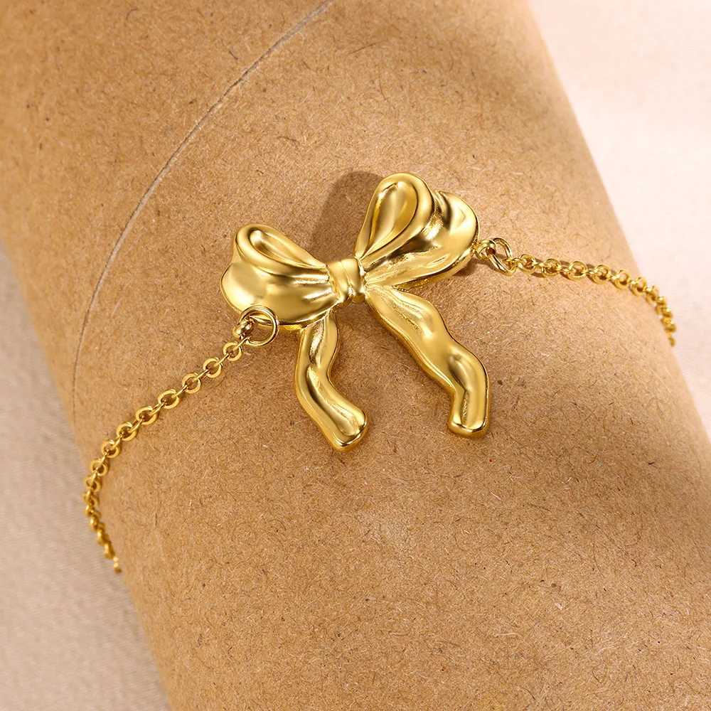 Gold Color Stainless Steel Bracelets For Women Bowknot Bow Chain Bracelet Waterproof Metal Statement Fashion Jewelry XJ250707