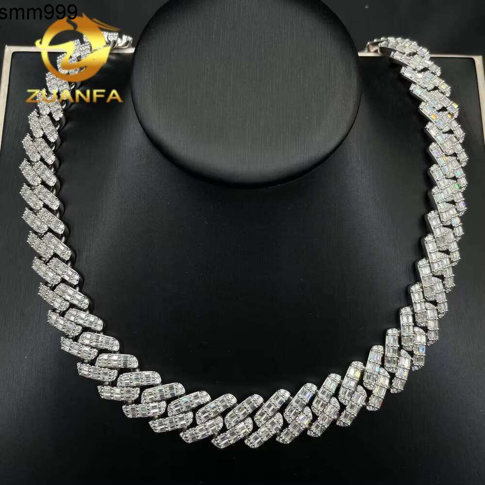GRA Certified Mens Jewelry Necklace Fang Set Pure Sier 15Mm Baguette VVS Moissanite Iced Cuban Chain