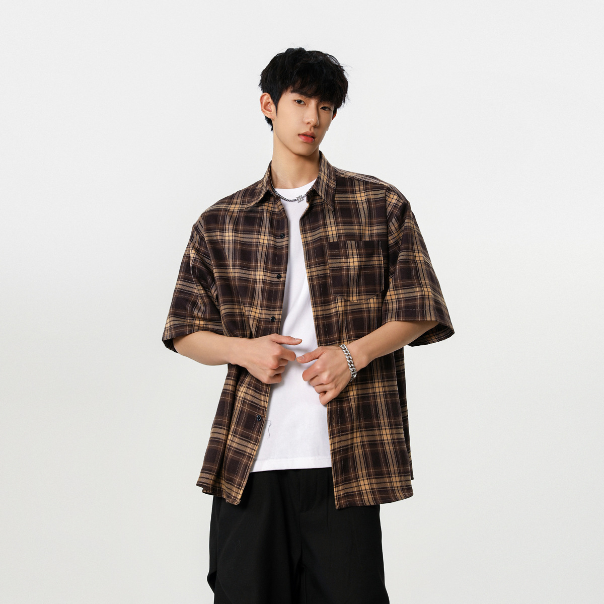 Vintage Street Plaid Short Sleeve Shirt For Men And Women Summer Trendy Youth Cleanfit Loose Casual Designer Short Sleeves Shirt Jacket