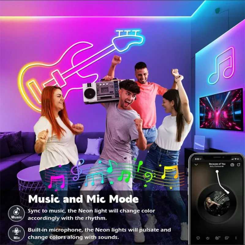 RGBIC Neon Strip Lights 5V Silicone Neon Rope LED Light Bluetooth APP with Music Sync Dreamcolor Chasing Strip Tape for Room W250701