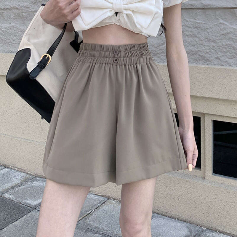 Black Wide-Leg Summer Thin Versatile High-Waisted Five-Point Korean Fashion Slimming Elastic Waist Shorts For Women B5