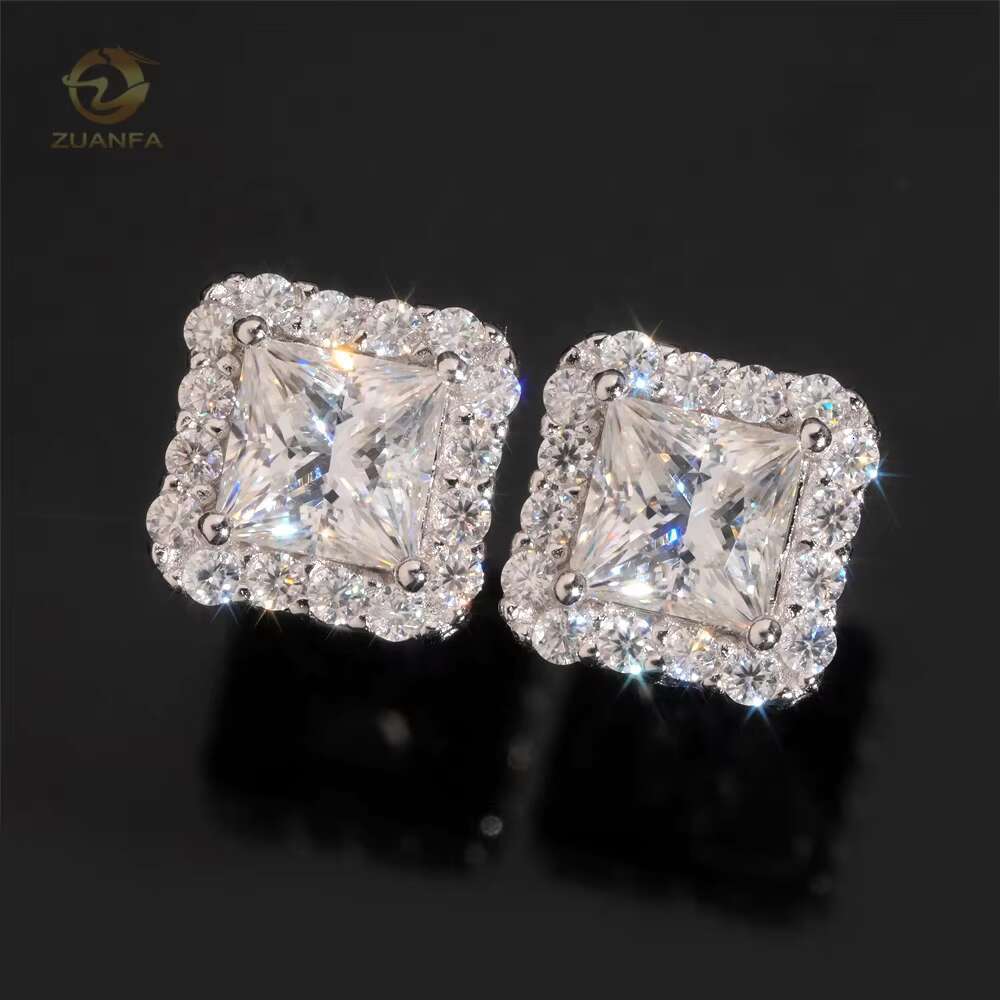 High Quality Iced Out Jewelry Princess Cut Halo 925 Sterling Silver Hip Hop Moissanite Earrings