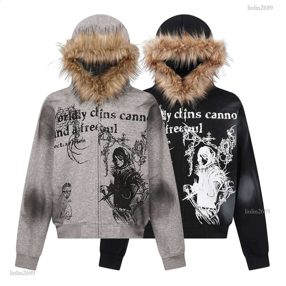 2025 Street fashion Winter personality print zipper hoodie for men Y2k Harajuku vintage fur collar warm loose jacket 250102
