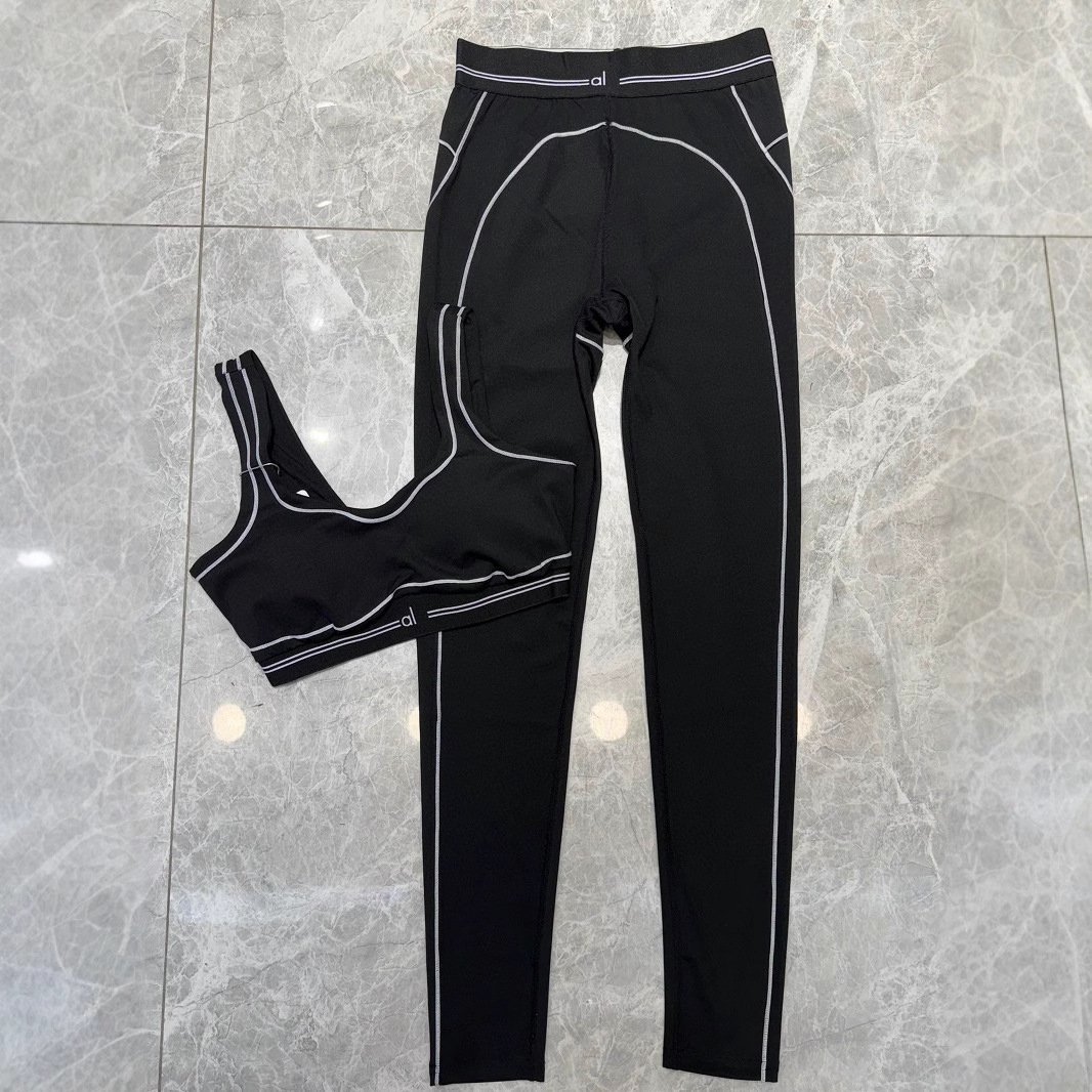 2-pieces Yoga Set High Quality Solid Color Leggings Womens Slim Fit Breathable Black Summer Sport Fitness Clothing
