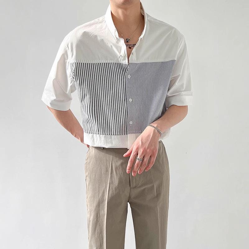 Summer Designer Short Sleeves Thin Top Korean Style Loose Short Sleeve Shirt Men's Trendy Patchwork Striped Five-quarter Sleeve Shirt Men