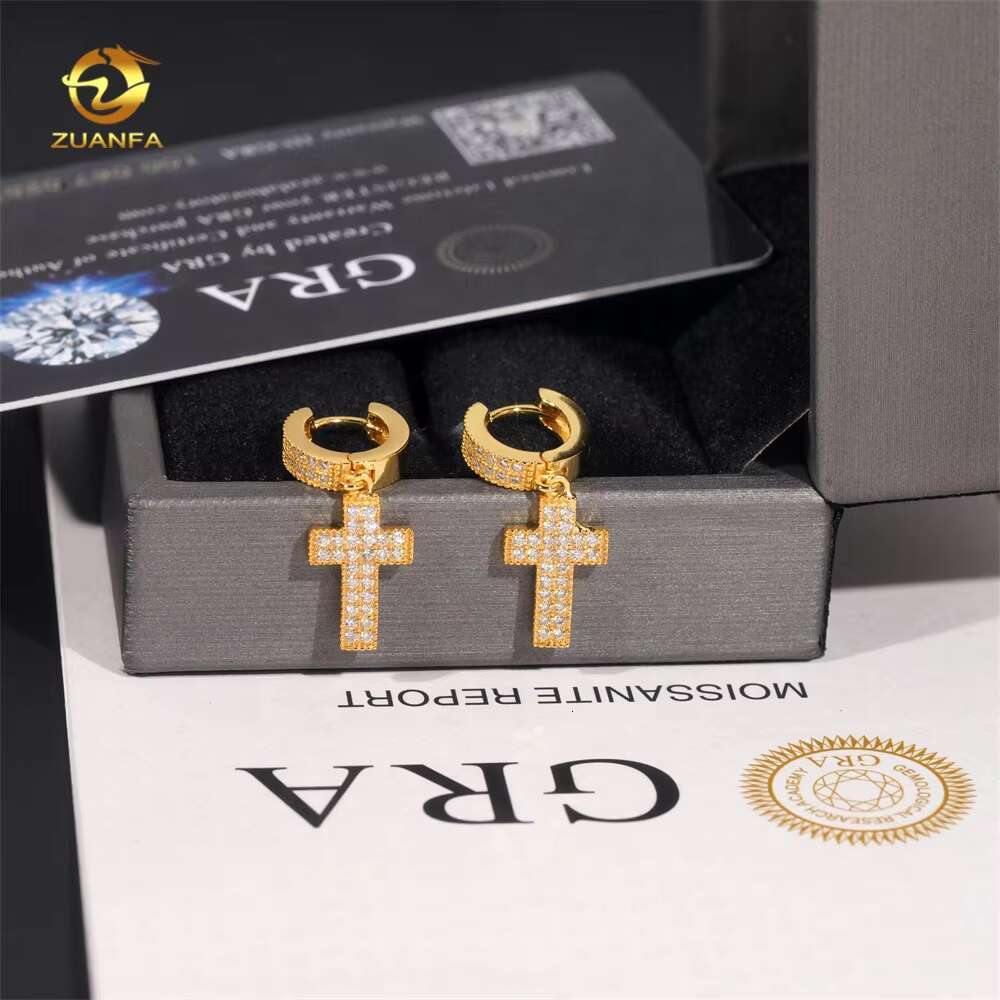 New Fashion Hip Hop Jewelry 925 Silver Iced Out Hoop Cross Drop Moissanite Diamond Earrings for Men