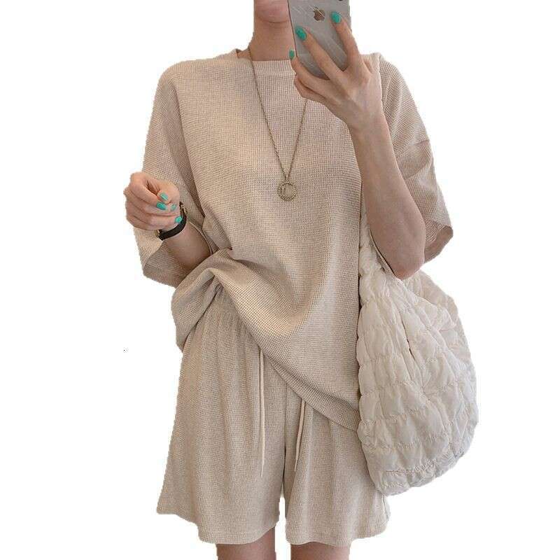Korean Chic Summer Simple Round Neck Short Sleeve T-Shirt Set For Women High Waist Loose Wide Leg Casual Shorts Trendy B5