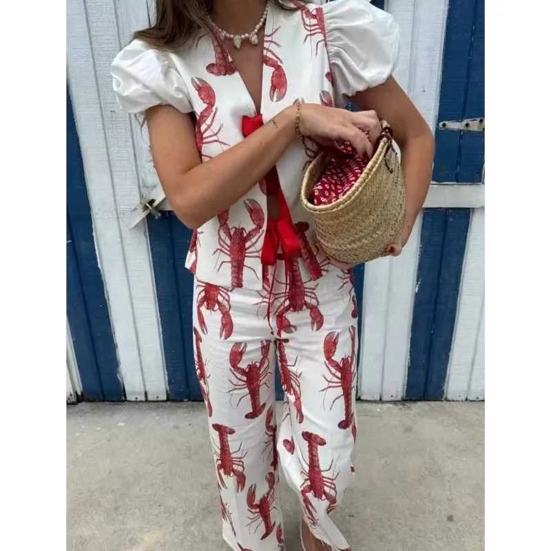 2025 Summer Women Fashion Printed Cartoon Lobster Pants Sets Lace Up Short Puff Sleeve Shirt Straight Trouser Lady Outfit Clothing M250707