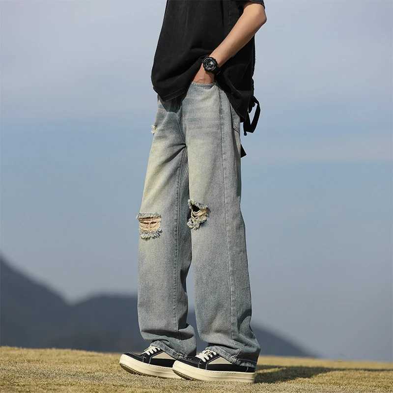 Mens Denim Pants - Summer American Retro Straight Leg Jeans Loose and Breathable High Street Fashion Ripped Casual Pants XJ250707