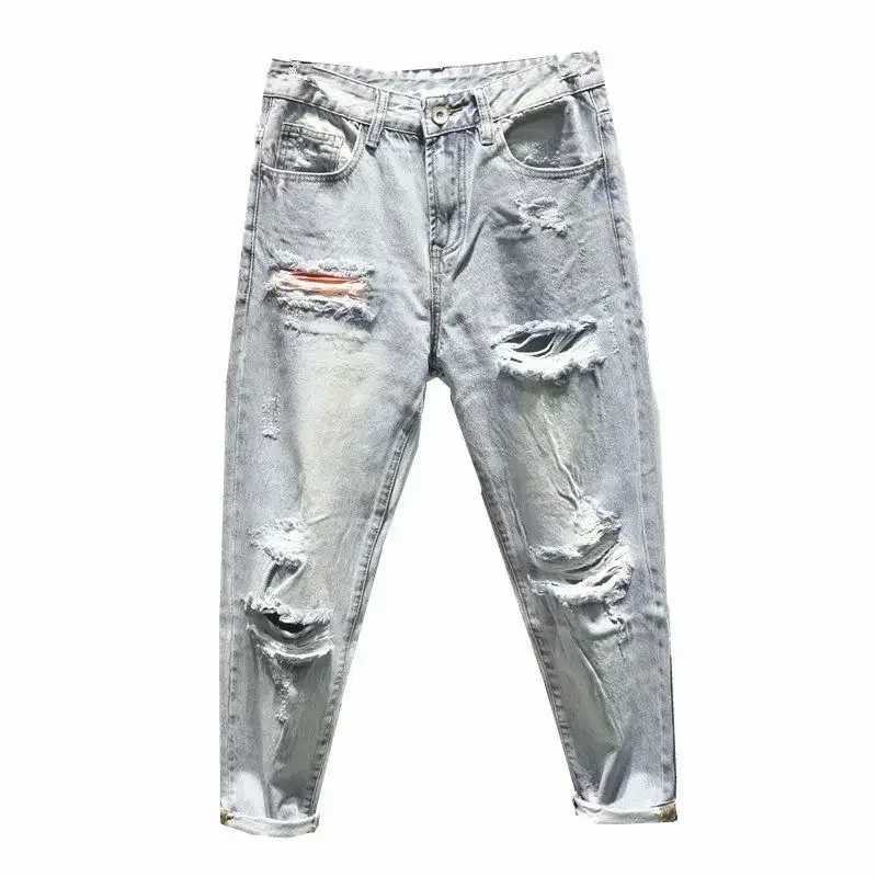 Mens Jeans with Holes Man Cowboy Pants Cropped Harem Hip Hop Trousers Torn Ripped Broken Retro Classic Trend 2024 Korean Style XJ250707