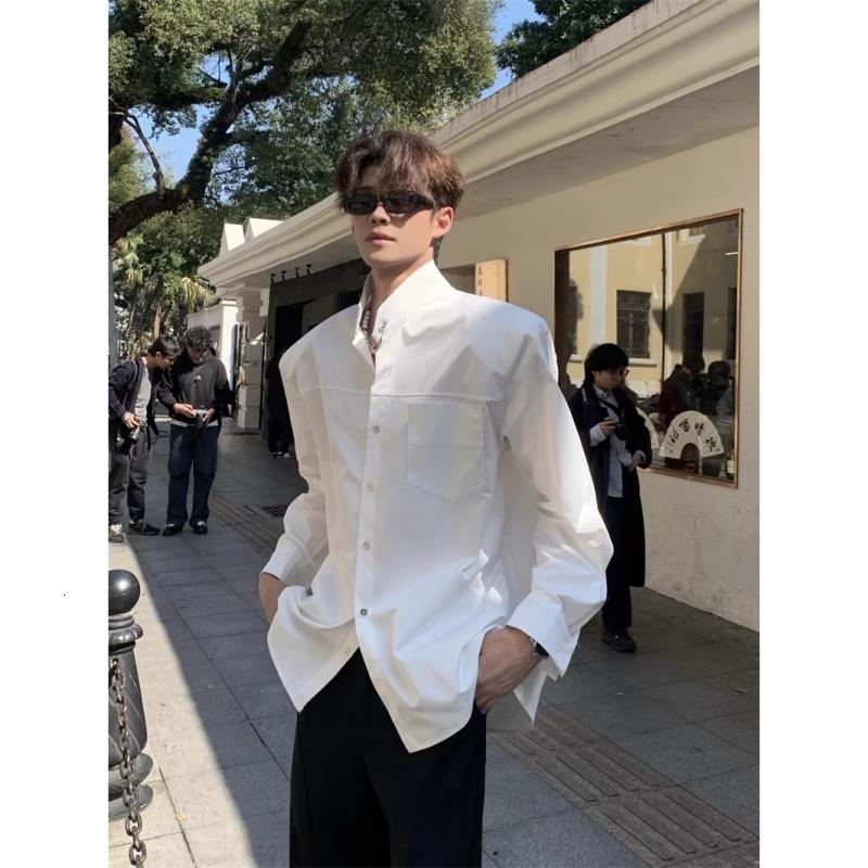Unique Design Shoulder Pad Shirt For Men, High-end Style, Cool And Handsome, Loose Fit, Stand Designer Short Sleeves Collar, Oversized Casual Long Sle