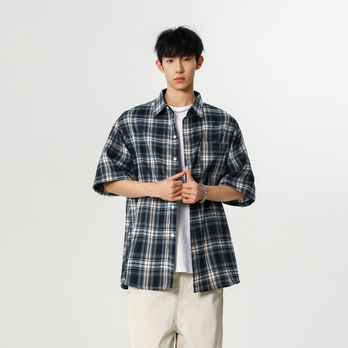 Vintage Street Plaid Short Sleeve Shirt For Men And Women Summer Trendy Youth Cleanfit Loose Casual Designer Short Sleeves Shirt Jacket