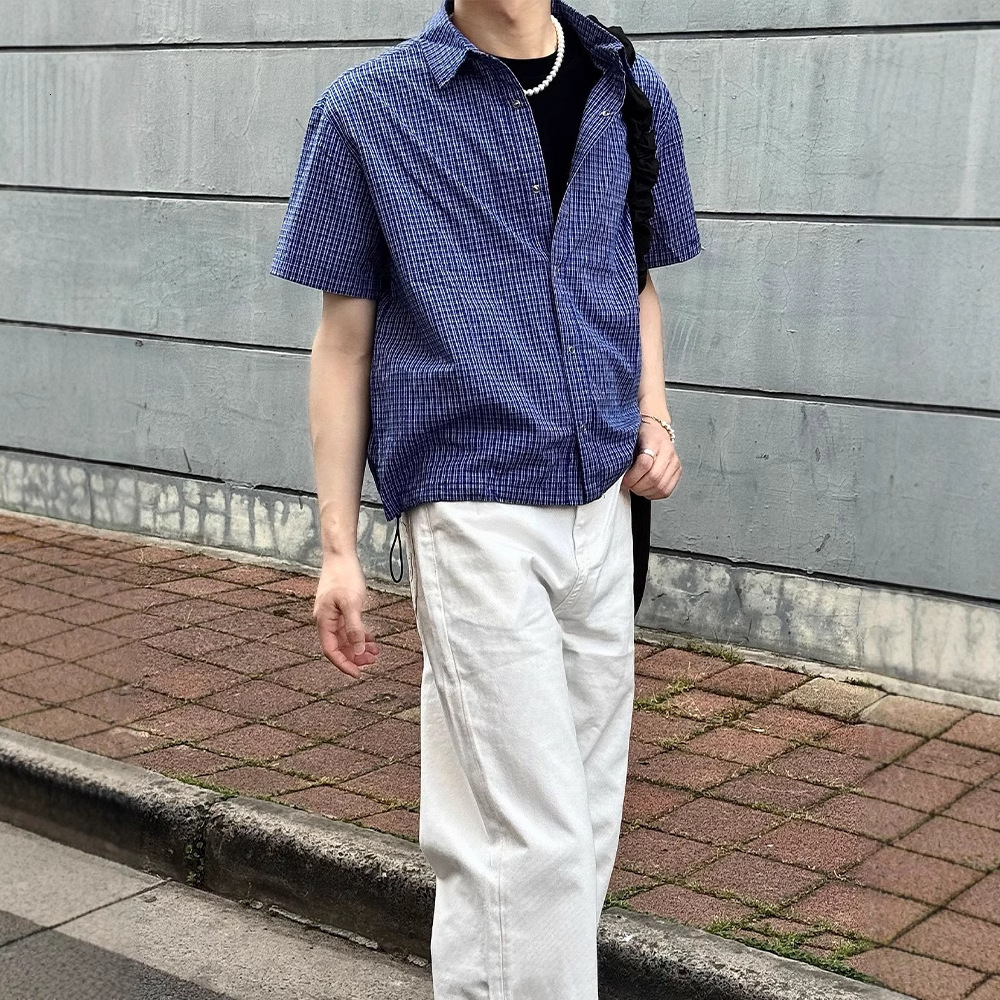Designer short sleeves Royal Blue Plaid Short Sleeve Shirt for Men Summer High-End Drawstring Plaid Shirt Old Money Style Half Sleeve Jacket