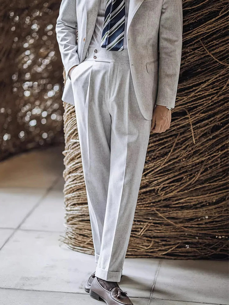 2025 Summer Casual Draped Straight Trousers For Men Office Fashion Solid Color Pleated Suit Pants Mens Vintage Trousers Naples 250707
