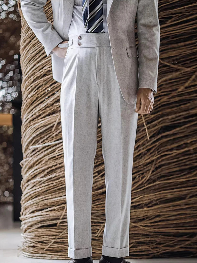 2025 Summer Casual Draped Straight Trousers For Men Office Fashion Solid Color Pleated Suit Pants Mens Vintage Trousers Naples 250707
