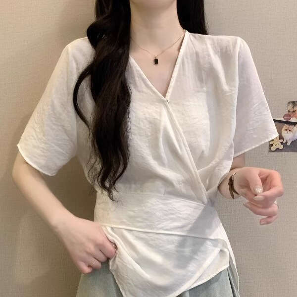 Cloud Wrinkle Short Sleeve Shirt For Women Summer New Large Size Belly Covering Irregular Waist Slimming Top B5