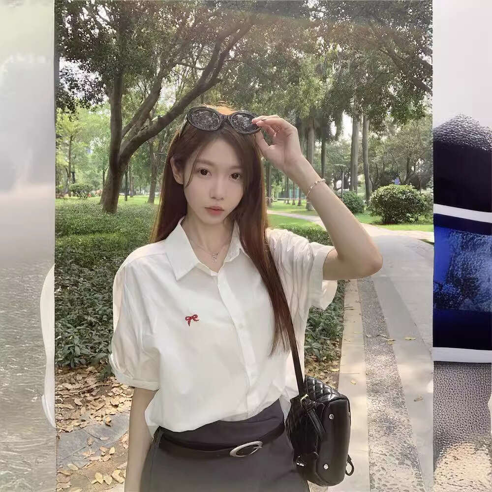 Summer Korean Style Design Sense Bowknot Embroidered Short Sleeve Shirt For Women Niche Casual Loose Sun Protection Top Trend B5