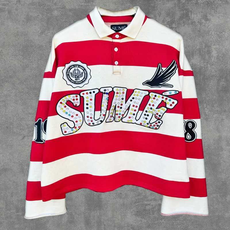2 Pcs Shirts Co-ords Sume Rugby Diamond Embroidery Stripe Polo Shirt Y2K Retro Classic Unisex Oversized Long Sleeved Shirts Sets z2507075SLV