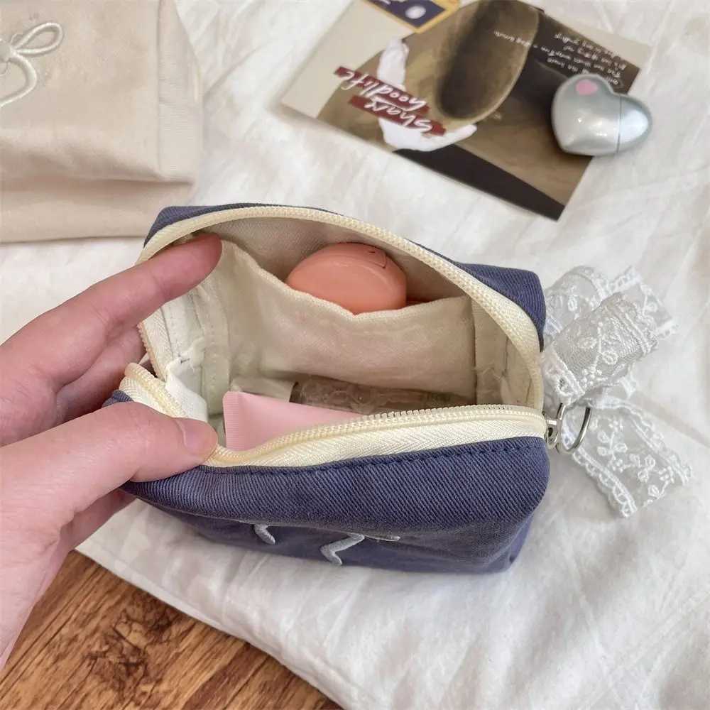 Portable Bow Coin Purse with Lace Ribb Korean Style Cute Zero Wallet Soft Zipper Pouch Sanitary Napkin Storage Bag Earphe Y250707