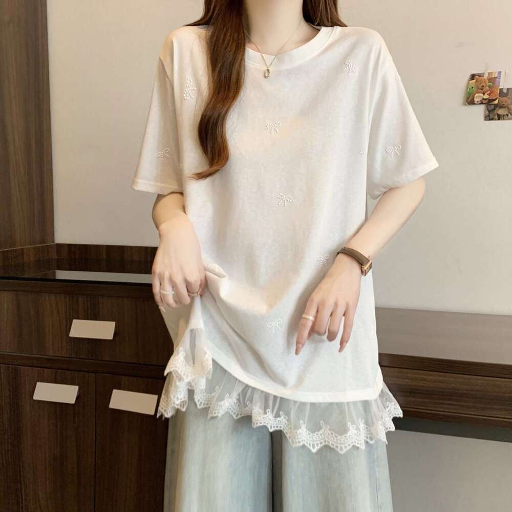 Plus Size Bowknot Patchwork Lace Trim Short Sleeve T-Shirt For Women Summer Sweet Style Mid-Length Versatile Casual Top B5