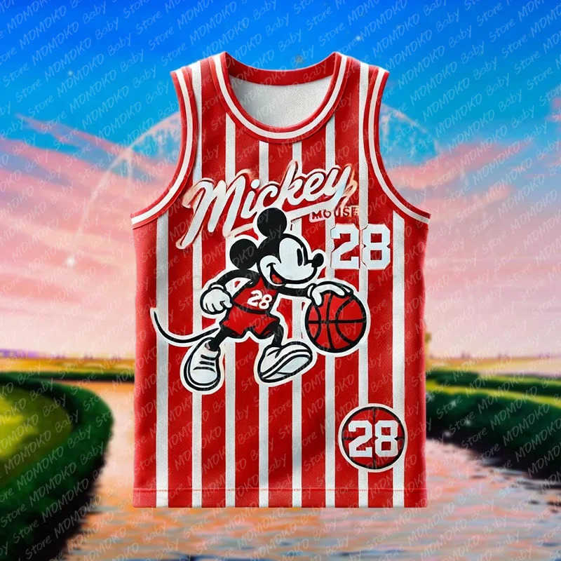 Disney New Disney Mickey Mouse Print Basketball Jersey Summer Childrens Outdoor Sports Clothing Kids Adults Breathable Sleeveless Vest W250707