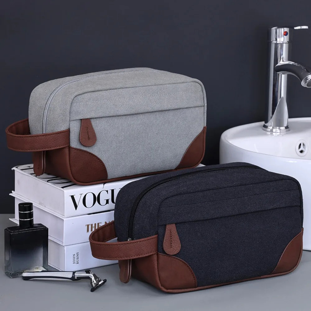 Large Capacity Leather Canvas Men Wash Shaving Women Toiletry Storage Waterproof Makeup Travel Organizer Retro Cosmetic Bag 2025 250701