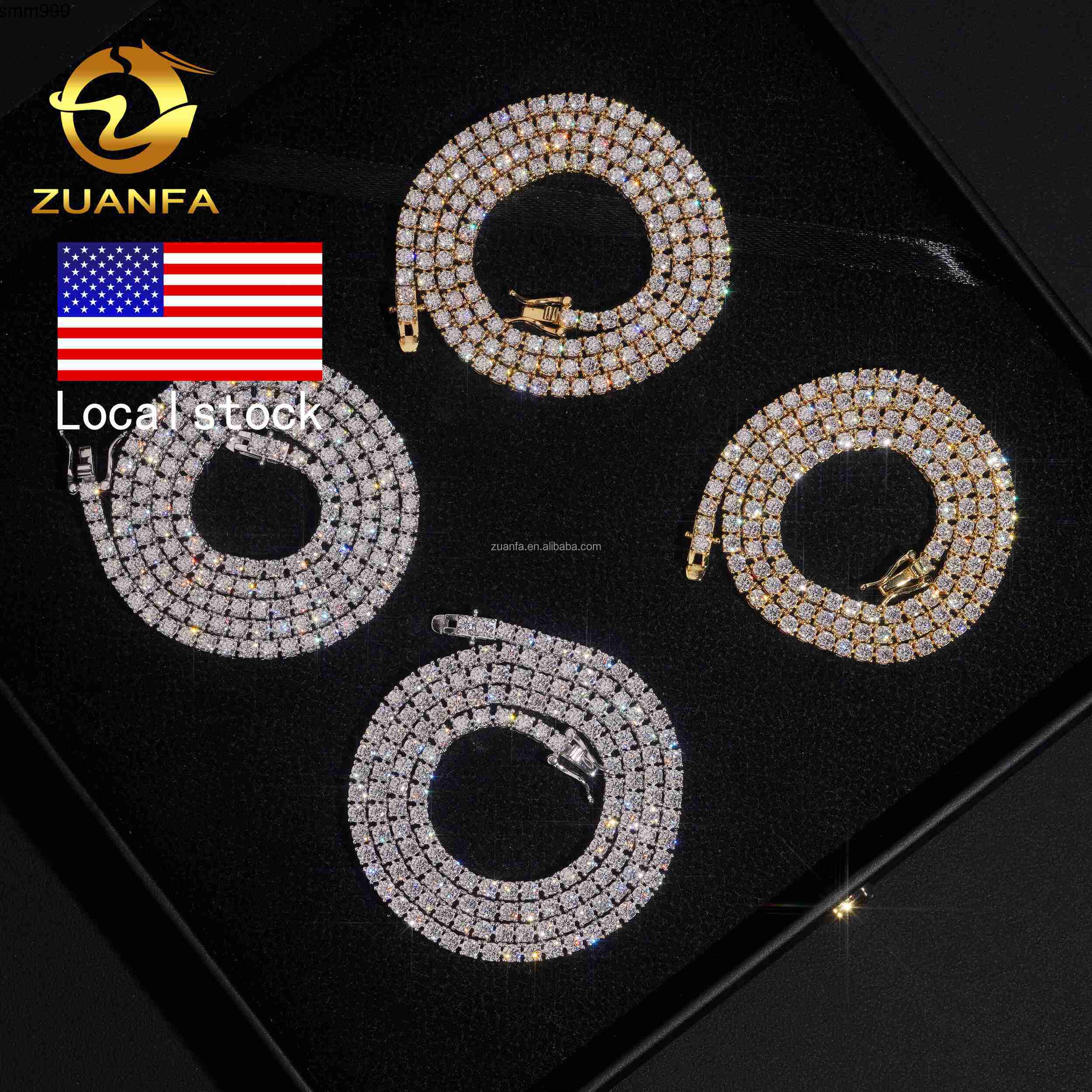 Ship in USA Warehouse Stock 3mm 925 Solid Silver Hip Hop Iced Out VVS1 Moissanite Diamond Cluster Tennis Chain Bracelet