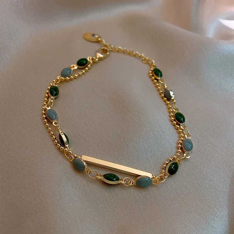 Vintage Double Layer Green Oil Drop Bracelet for Women Simple Gold Color Beaded Chain Adjustable Charm Bracelet Jewelry Gift XJ250707