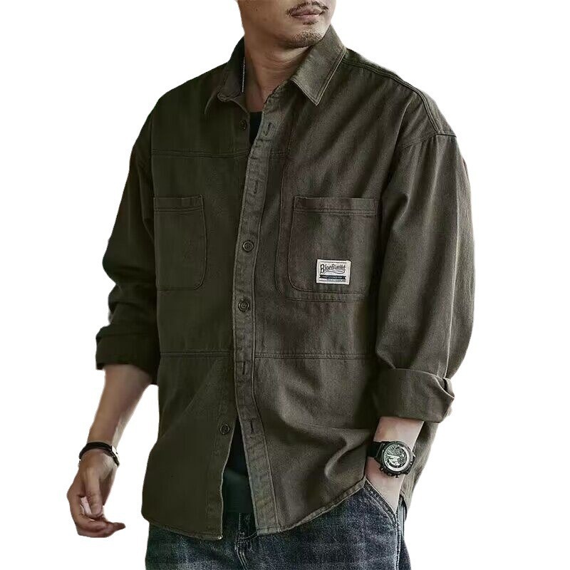 Washed Workwear Shirt Men Long Sleeve Autumn Japanese Style Cool Hong Kong Trendy Designer Short Sleeves Brand Casual Jacket Men Spring Autumn Style
