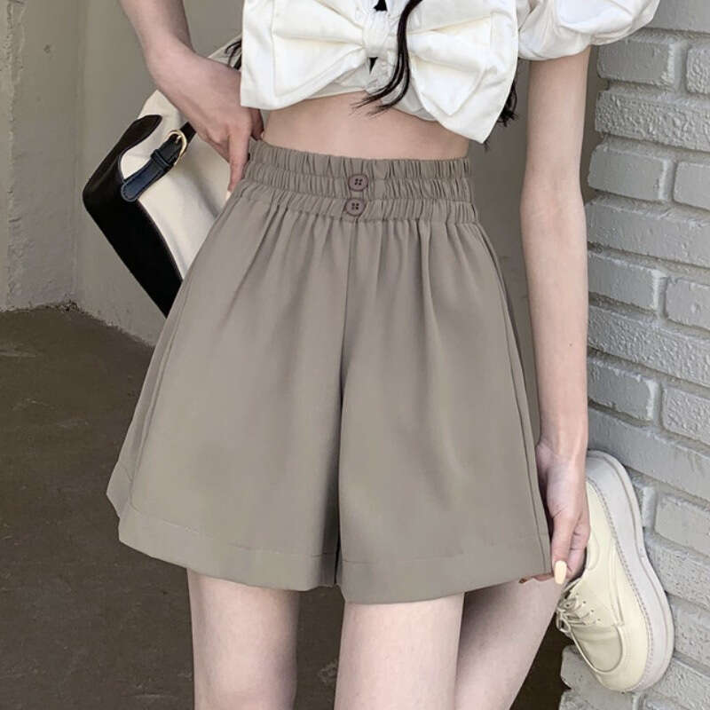 Black Wide-Leg Summer Thin Versatile High-Waisted Five-Point Korean Fashion Slimming Elastic Waist Shorts For Women B5