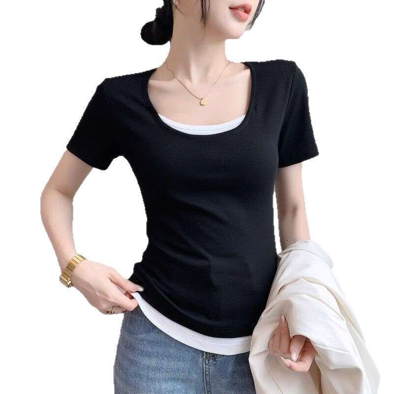 Fake Two-Piece Color-Block Regular Shoulder Short Sleeve T-Shirt For Women Summer New Design Slim Fit U-Neck Base Shirt B5