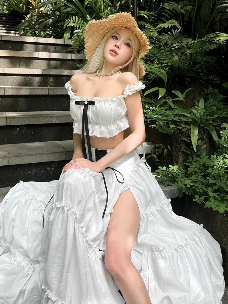 2Piece Set Women Y2K Sweet Weird Puss Slash Neck Patchwork Lace Bow Crop Tops High Split Bandage Skirts Matching Vacation Suits w250704